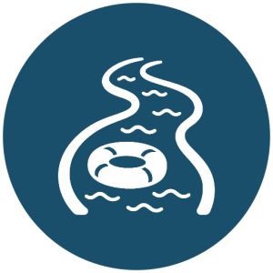 Circular blue safety icon with a white life preserver floating in a stylized river/stream image, representing water rescue.