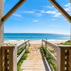 Beach view through wooden structure beams