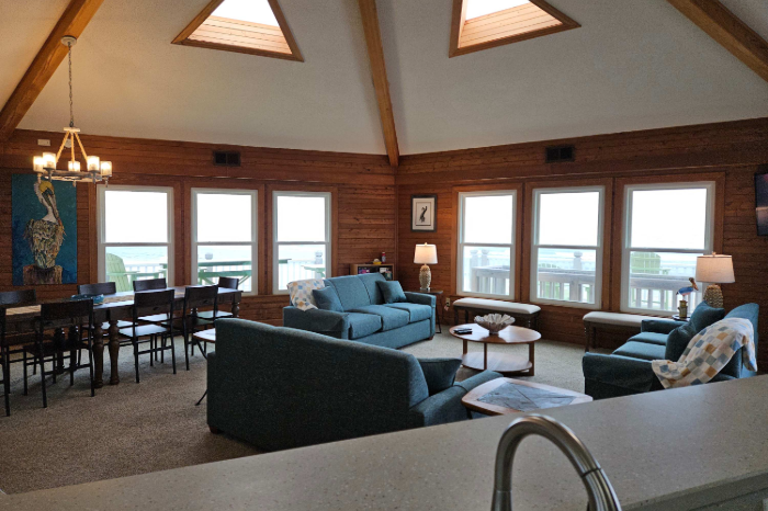 Open-concept living room in a family vacation rental