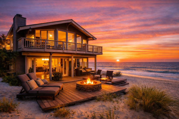 Oceanfront beach house vacation rental at sunset for a family getaway