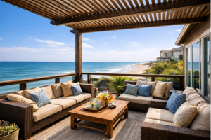 Beachfront vacation rental with ocean view and outdoor seating