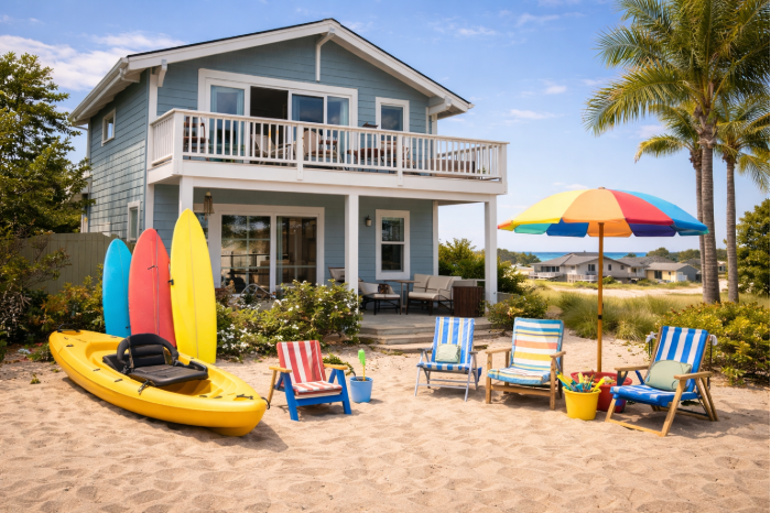 Family-friendly beach vacation rental exterior during daytime 