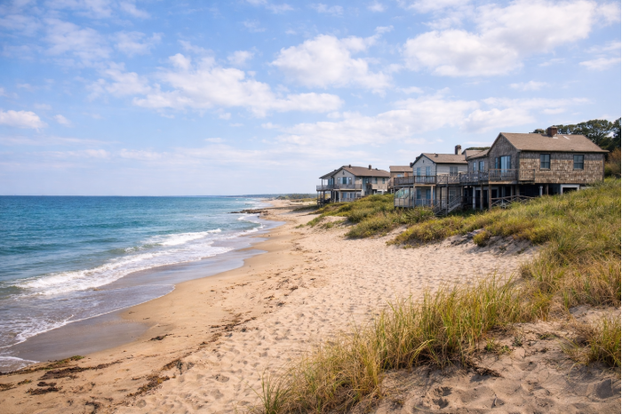 Quiet beach during shoulder season with vacation homes nearby