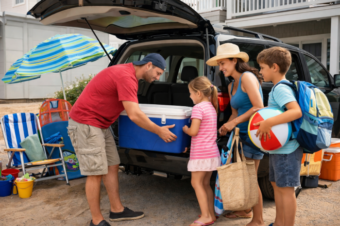 Family packing beach gear outside a vacation rental