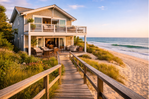 Coastal vacation rental with balcony and beach access