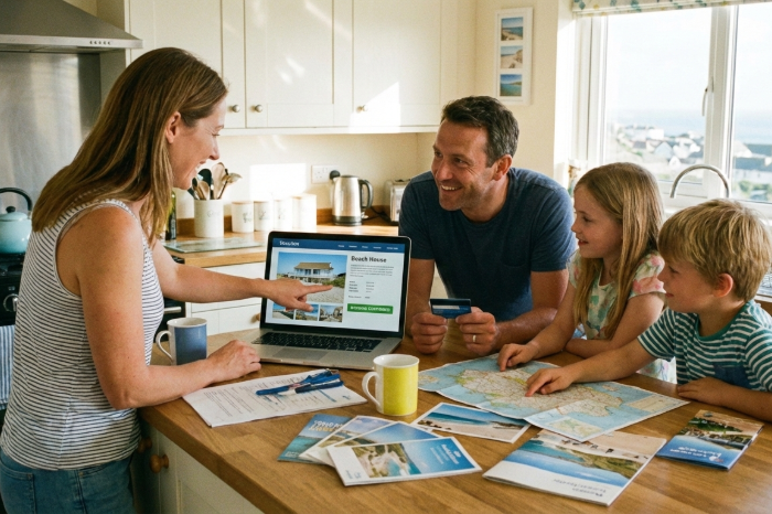 Family reviewing vacation rental booking details for a beach getaway