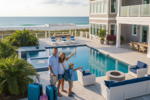 Family checking into a beach vacation rental with confidence