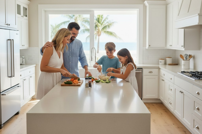 Family cooking together in a beach house vacation rental kitchen