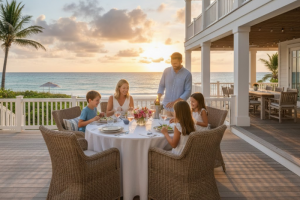 Family enjoying dinner together on a beach house deck at sunset
