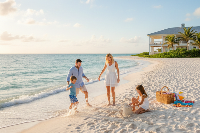 Family comparing beach house vacation rental and hotel stay options