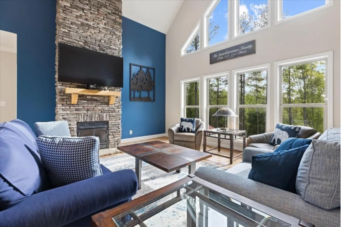 Spacious living room inside a family-friendly beach house rental