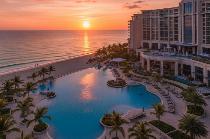 Beachfront hotel near the ocean during sunset