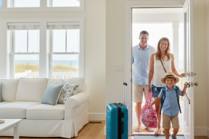 Couple booking a beach vacation rental online with confidence