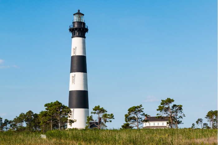 Cape Hatteras Lighthouse standing tall against the Outer Banks sky