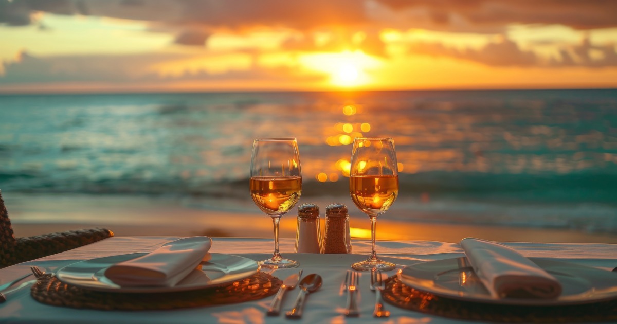 Oceanfront restaurant patio in Myrtle Beach with sunset views