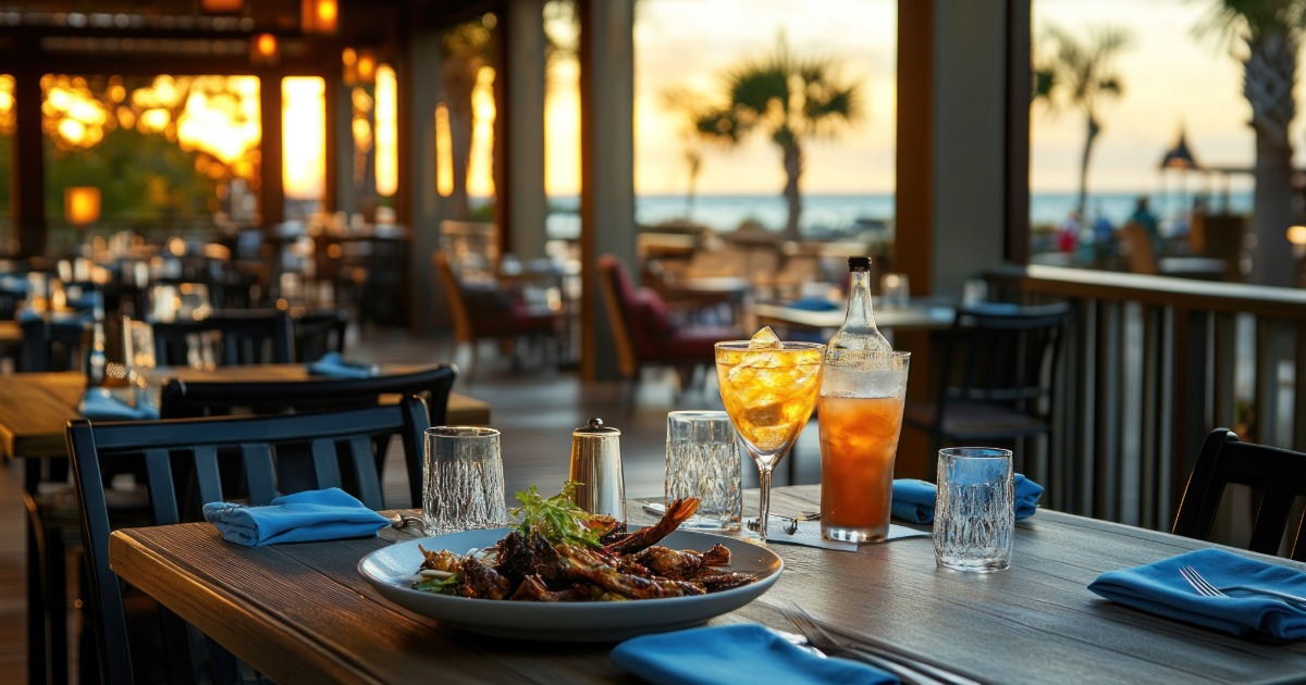 Restaurant near Myrtle Beach Boardwalk at dusk