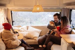 Family relaxing indoors during a winter vacation