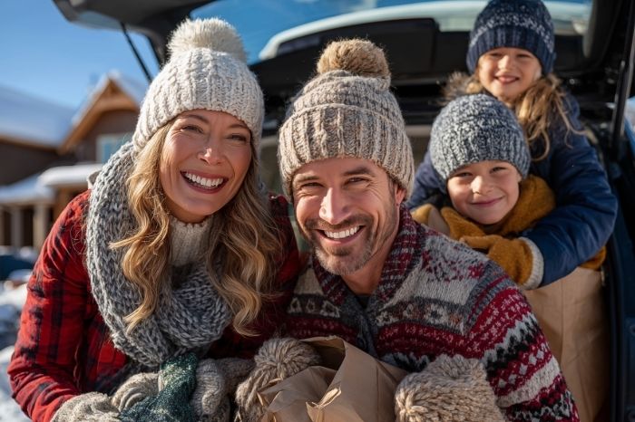 Family enjoying time together inside a winter vacation home