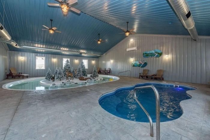 Indoor pool and hot tub inside a winter vacation rental
