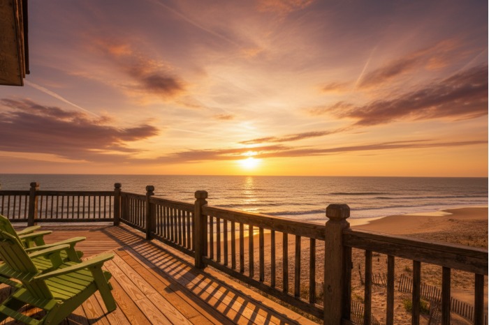 Oceanfront vacation rental balcony overlooking the beach at sunset