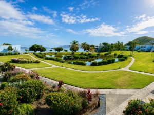 A manicured resort garden with a central pond, palm trees, and winding concrete paths under a bright blue sky near the coast.