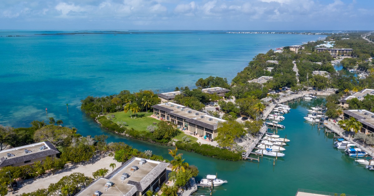 Relaxing tropical waterfront scene in Key Largo Florida with calm clear water