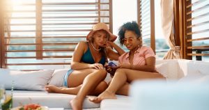 Family using phone group chat during Myrtle Beach vacation