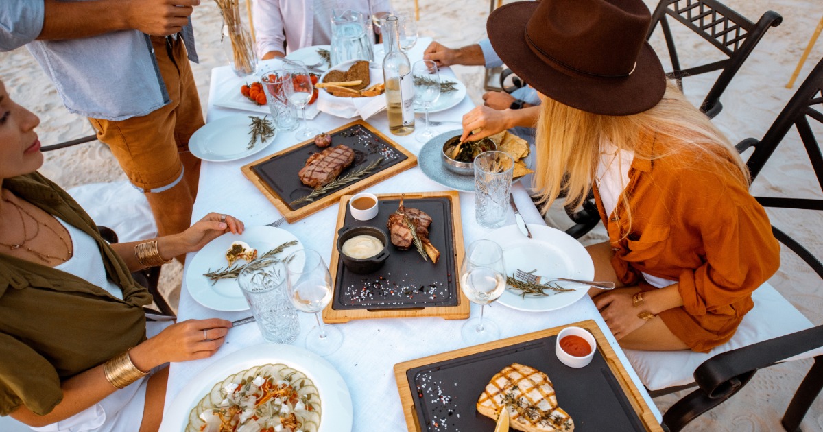 Fresh seafood dinner with ocean view at an Outer Banks waterfront restaurant at sunset