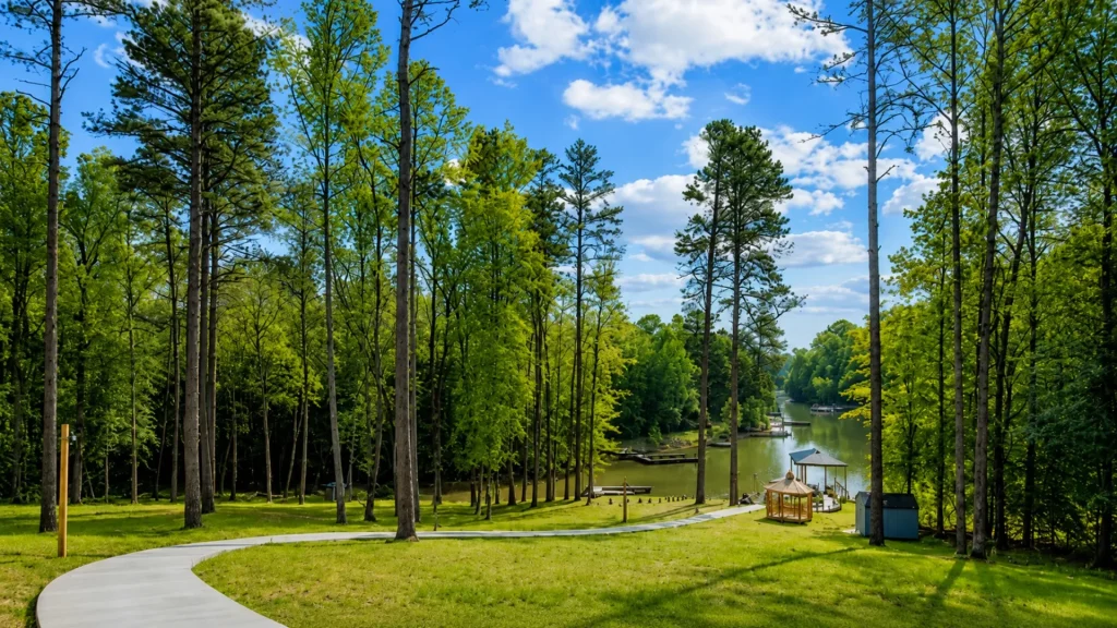 Sunlit park with tall pine trees, a curved concrete path, and a calm lake with docks in the distance.