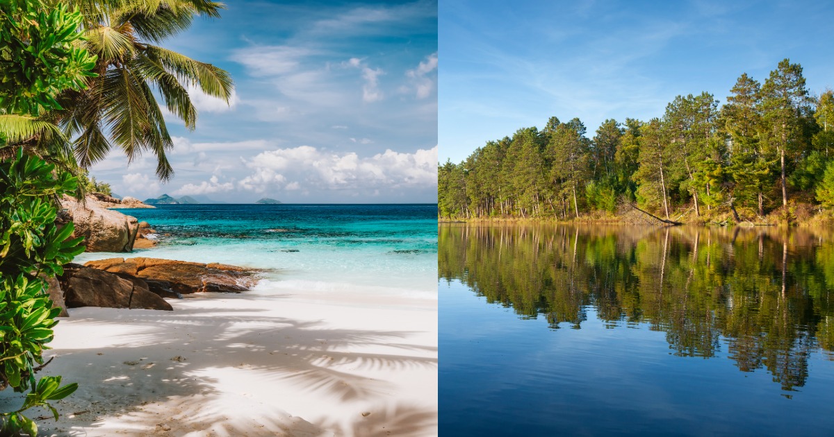 Split view of beach, lake, and mountain vacation scenes showing different experiences