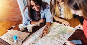 Traveler reading detailed vacation rental listing information