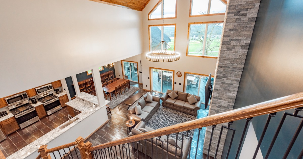 Open concept vacation rental living room designed for group gatherings