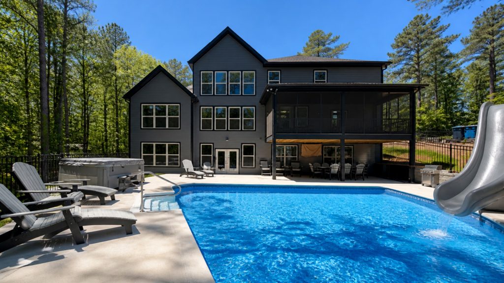 Modern gray two-story house with large windows and a screened porch, set beside a bright blue in-ground pool and patio furniture on a sunny day.