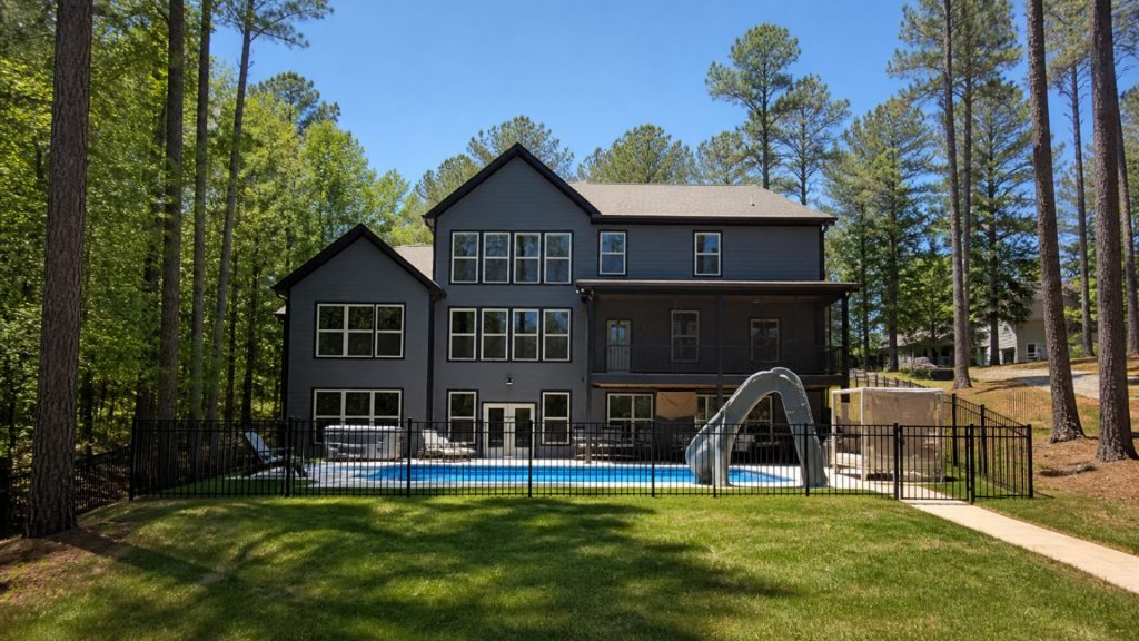 Two-story gray house with large windows overlooking a fenced-in backyard pool and a curved slide, set among tall trees under a clear blue sky.
