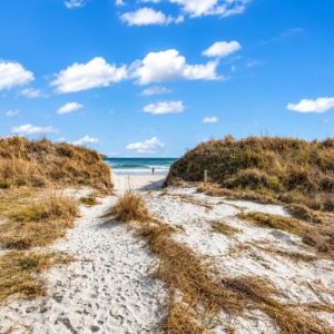 Path through sandy dunes to a blue ocean under a sunny sky, with a person near the water in the distance.