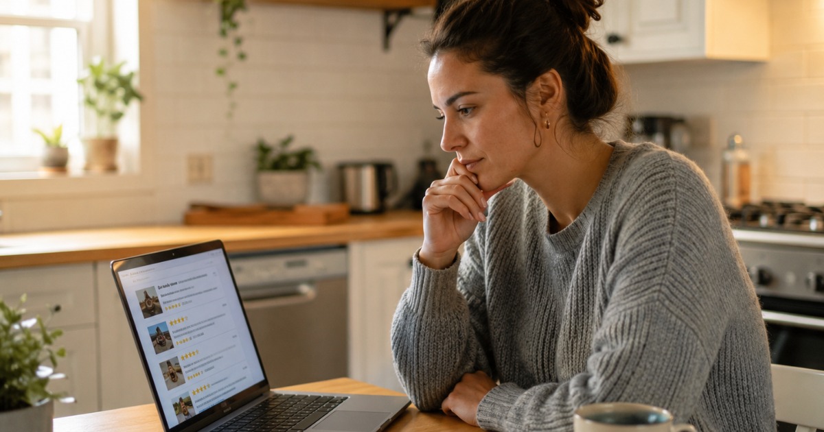 Person reading vacation rental reviews on laptop while researching direct booking options