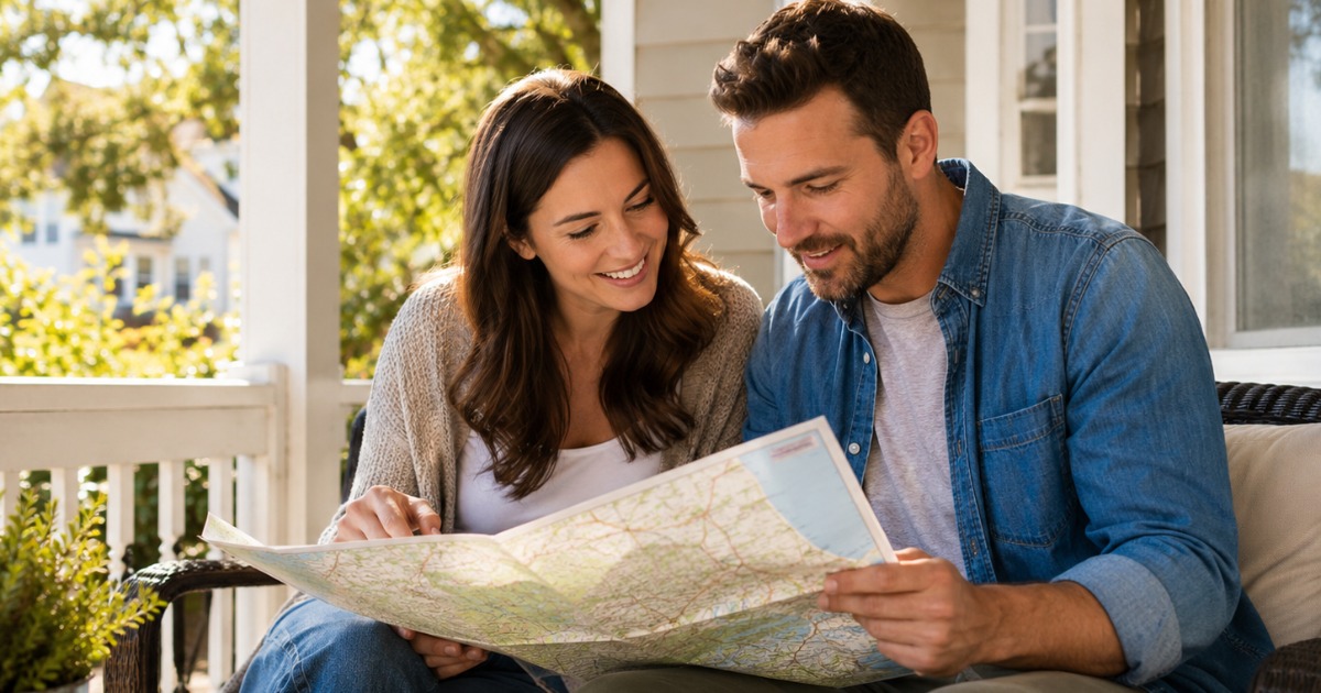 Couple reviewing a destination map on a sunny porch while planning their vacation