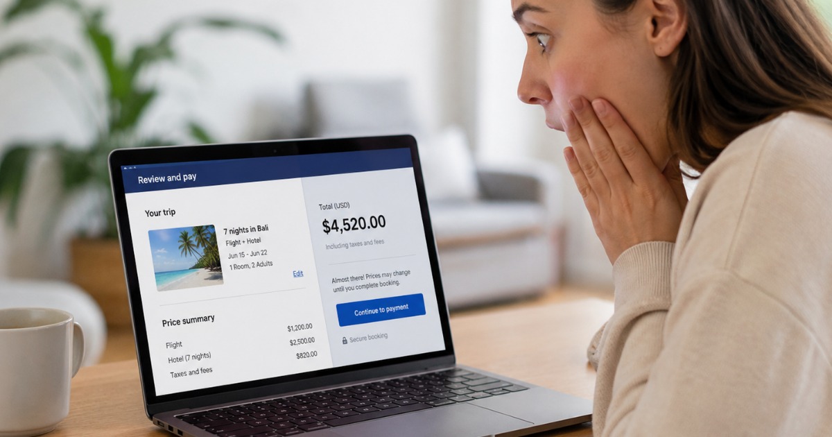 Person looking at laptop screen surprised by vacation rental booking fees at checkout