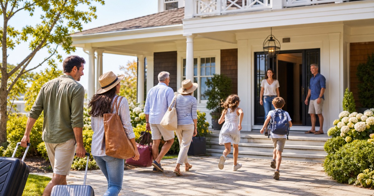 Multigenerational family arriving at a vacation rental home for a group getaway