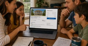 Family reviewing vacation rental booking details and cancellation policy before confirming their reservation