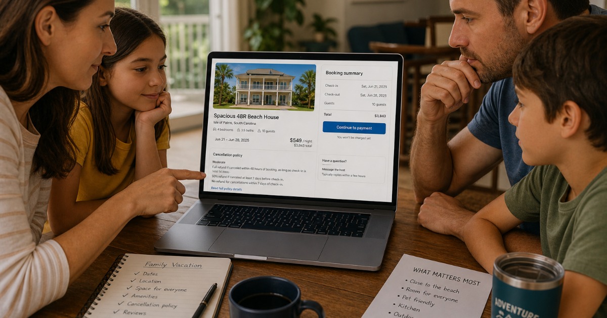 Family reviewing vacation rental booking details and cancellation policy before confirming their reservation