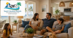 Family of four relaxing on a sofa in a bright beach-house living room, with Swack Vacation Rentals logo in the top-left corner.
