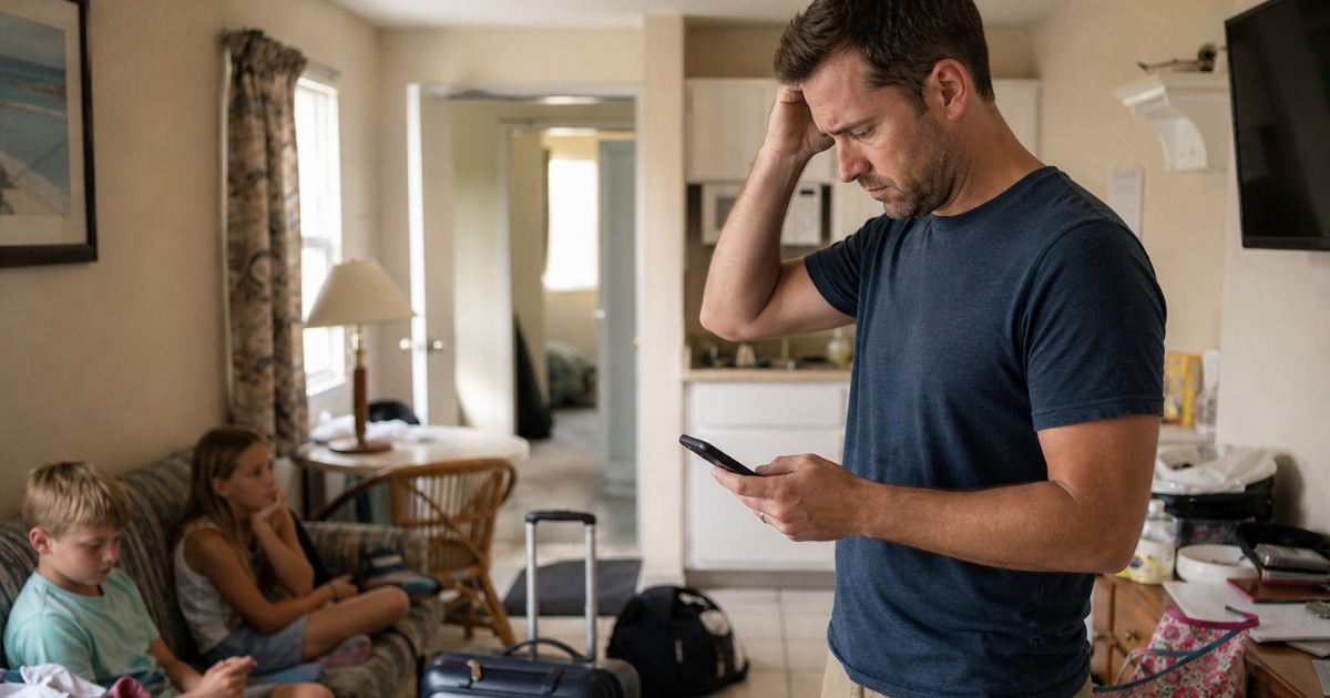 Family looking disappointed after arriving at a vacation rental that didn't match expectations
