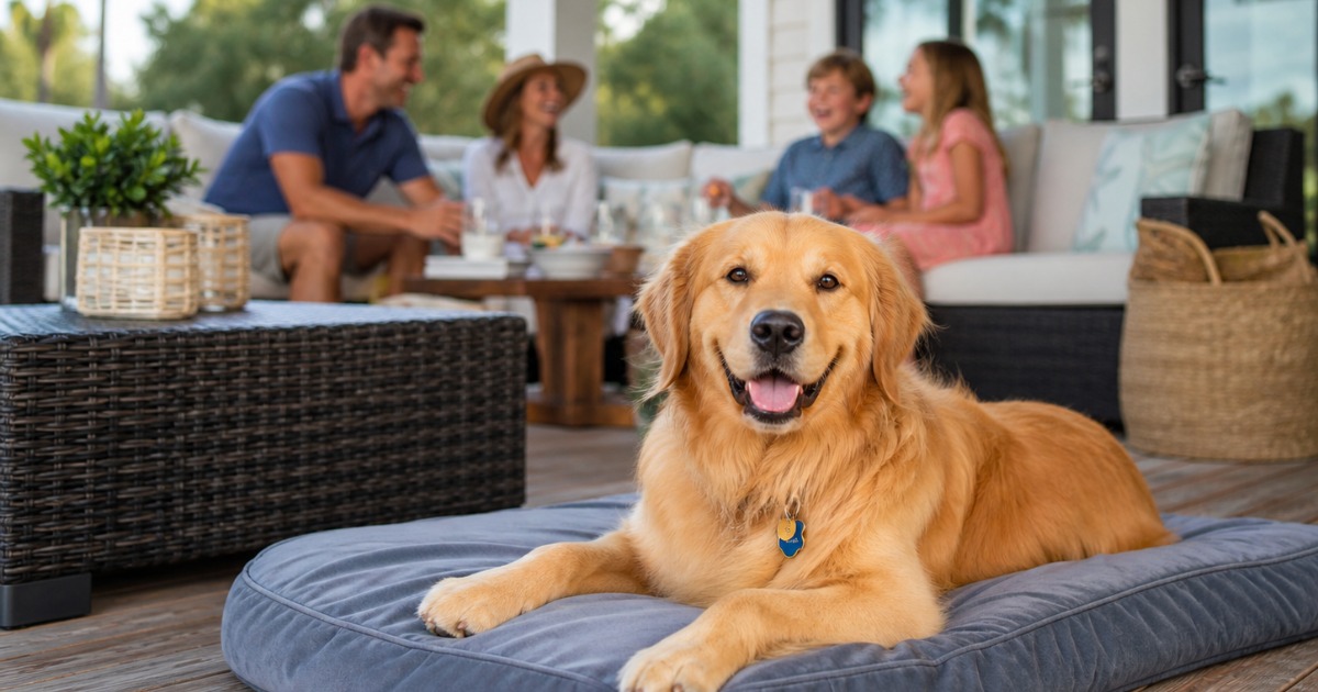 Dog relaxing on the deck of a pet-friendly vacation rental with family in the background