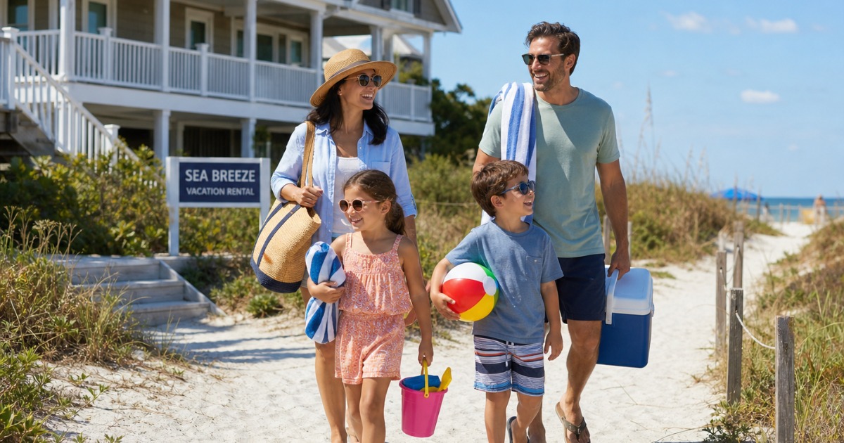 Family walking from their vacation rental to the beach on a sunny day