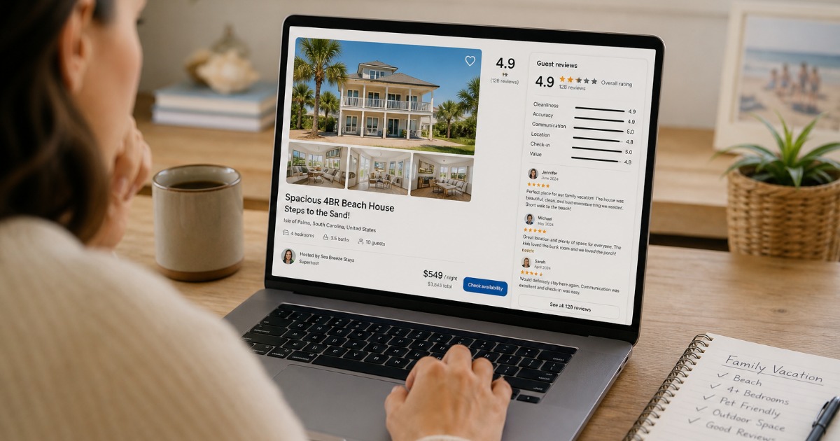 Person reading guest reviews while researching and booking a family vacation rental online
