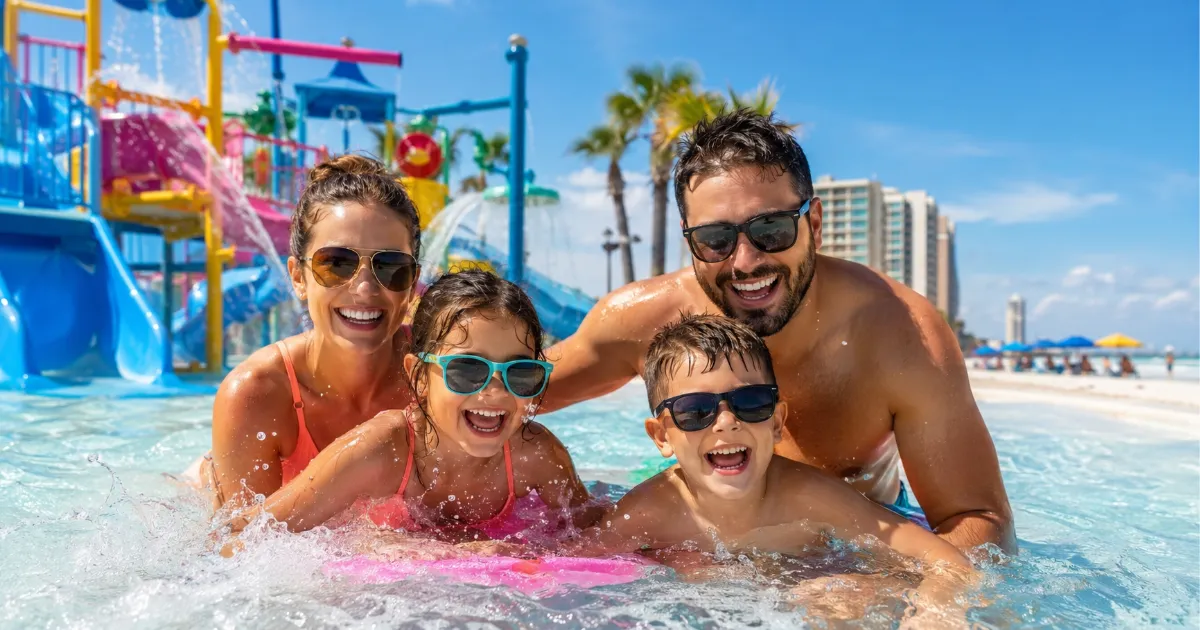 Family enjoying a waterpark in Panama City Beach on a sunny day