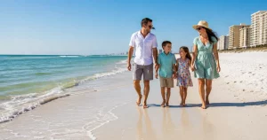 Family walking along the white sand and emerald water of Panama City Beach, Florida