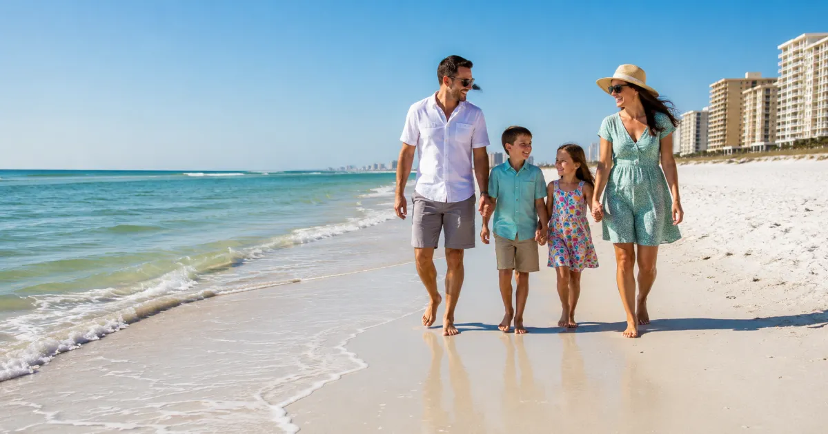 Family walking along the white sand and emerald water of Panama City Beach, Florida