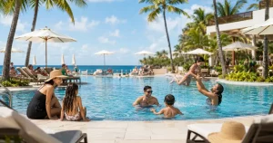 Families at a resort pool with umbrellas and ocean visible in the background